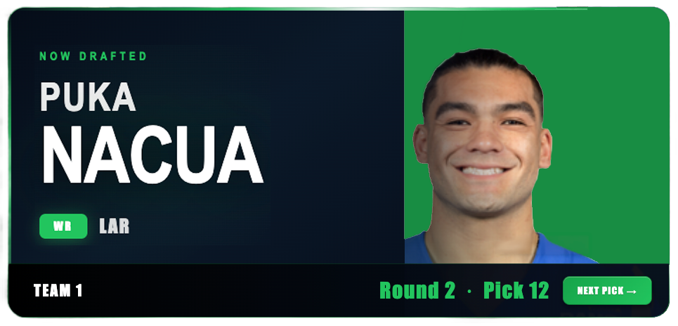 Prime Draft Pro pick announcement card — Puka Nacua drafted