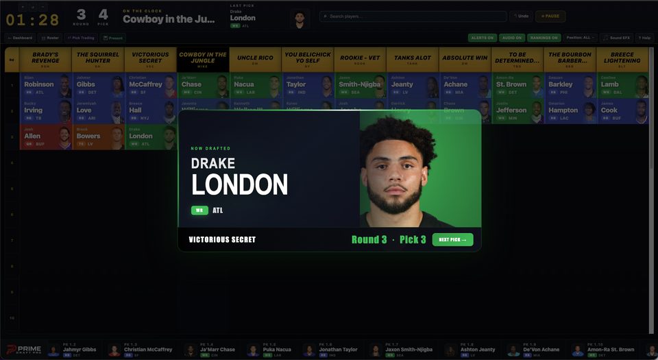 Prime Draft Pro NOW DRAFTED pick announcement card over the board