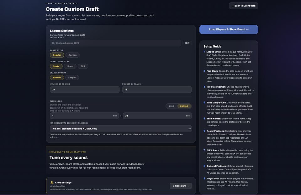 Prime Draft Pro custom draft builder with league settings
